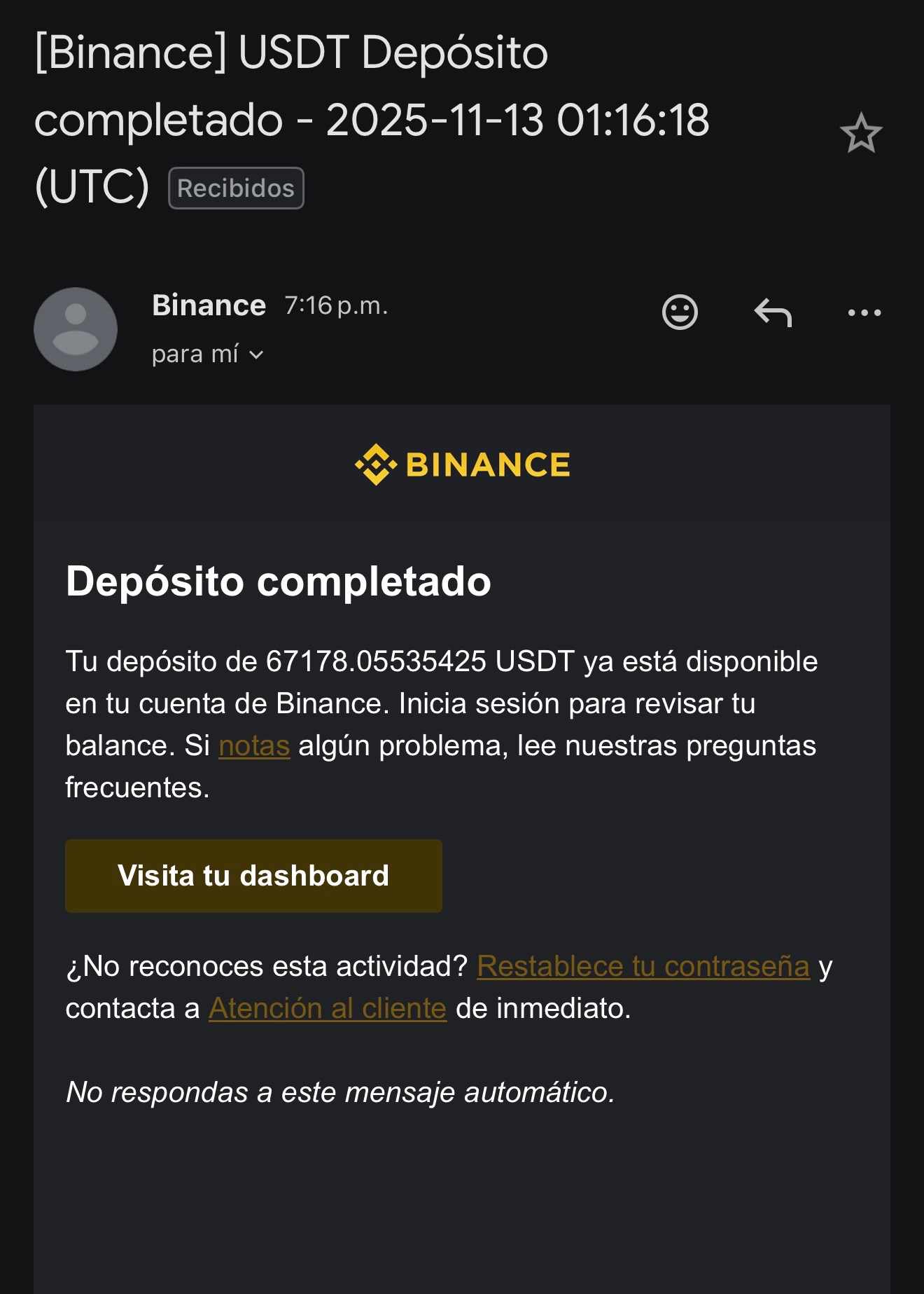 Depósito completado en Binance