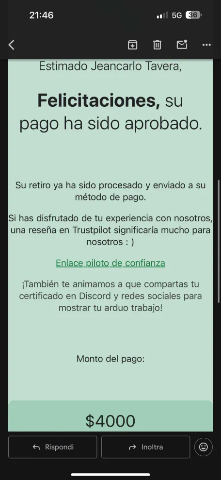 Confirmación de pago aprobado por $4000