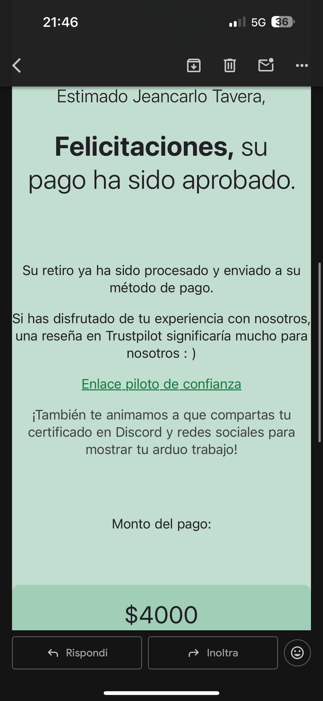 Confirmación de pago aprobado por $4000