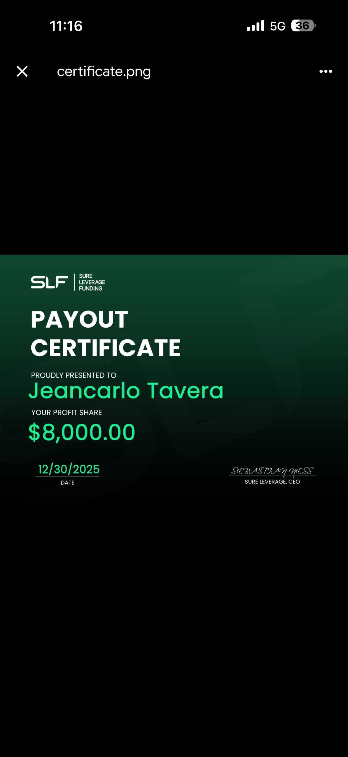 Payout certificate por $8,000.00