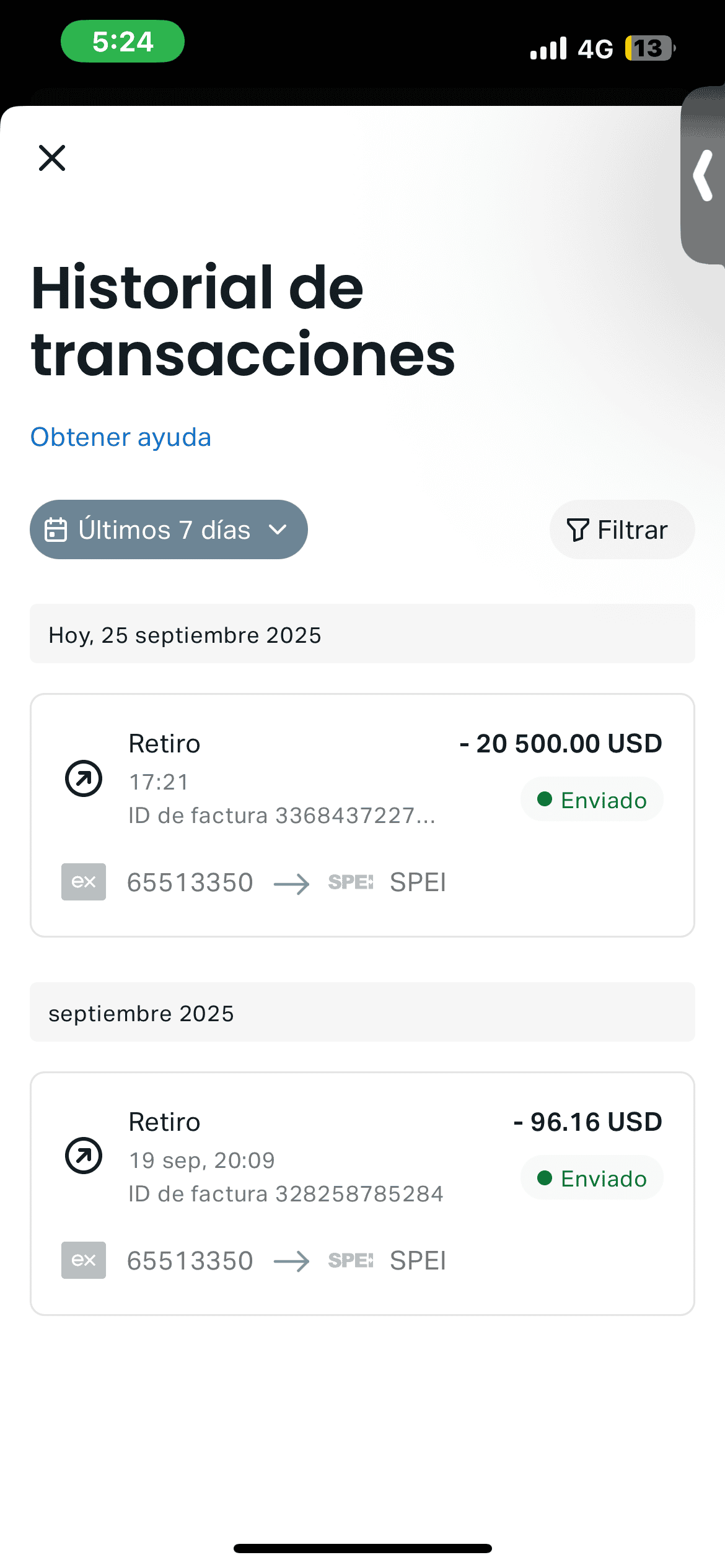 Retiro de 20 500 USD enviado