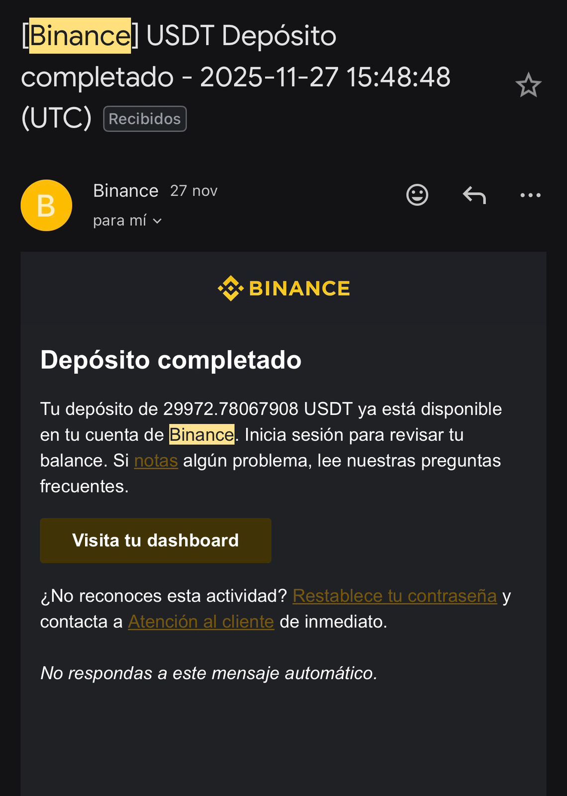 Depósito completado