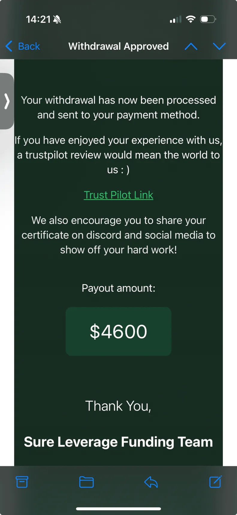 Retiro procesado, payout de $4,600