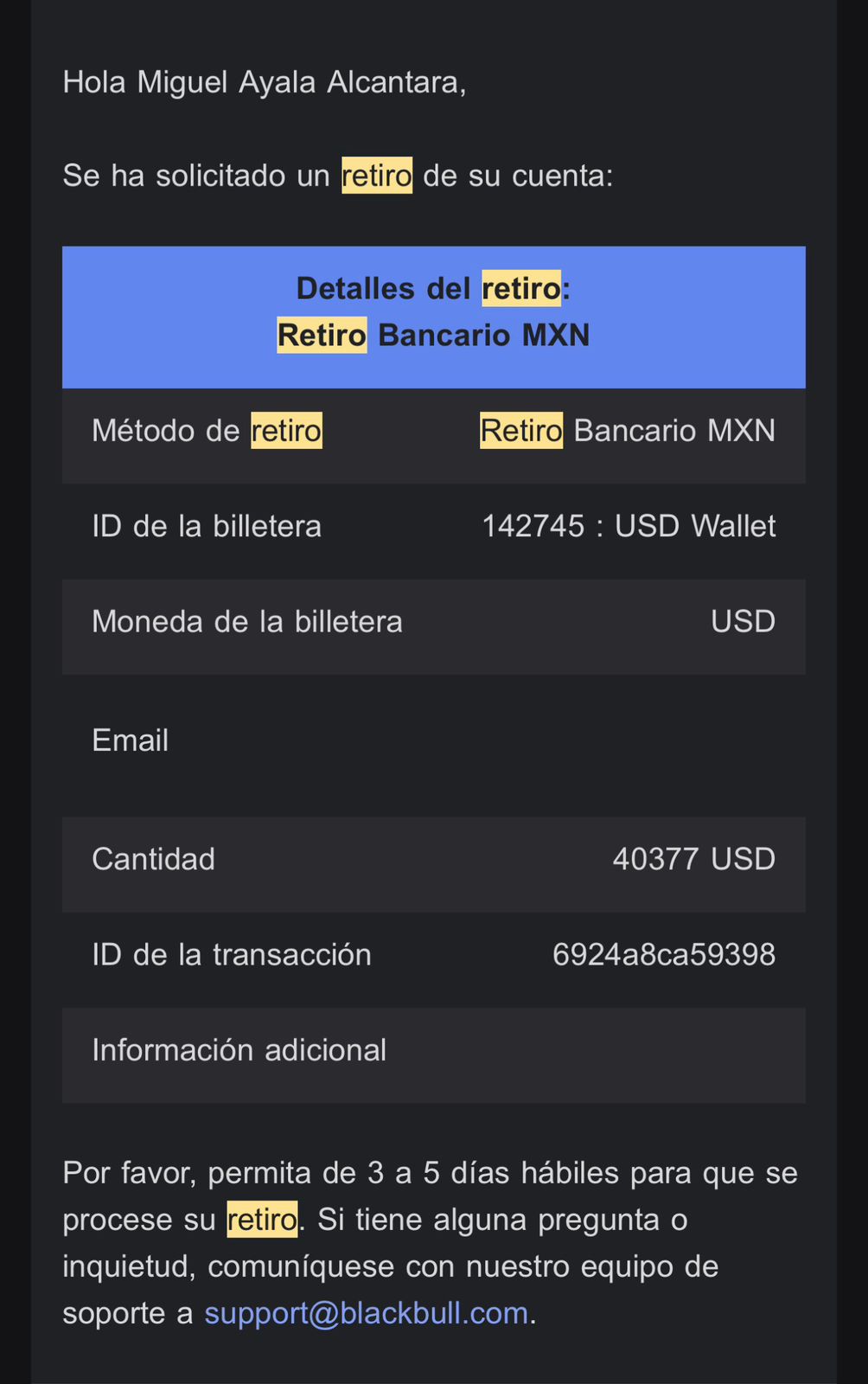 Retiro confirmado